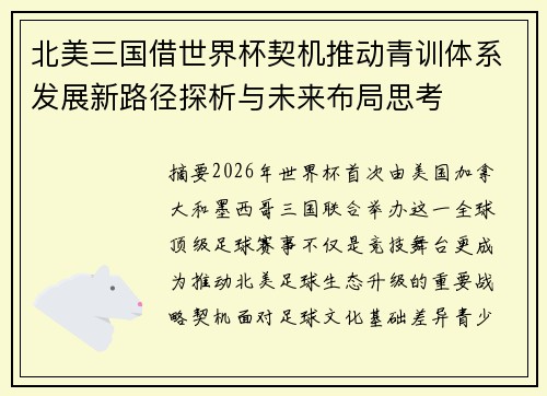 北美三国借世界杯契机推动青训体系发展新路径探析与未来布局思考 北美三国借世界杯契机推动青训体系发展新路径探析与未来布局思考